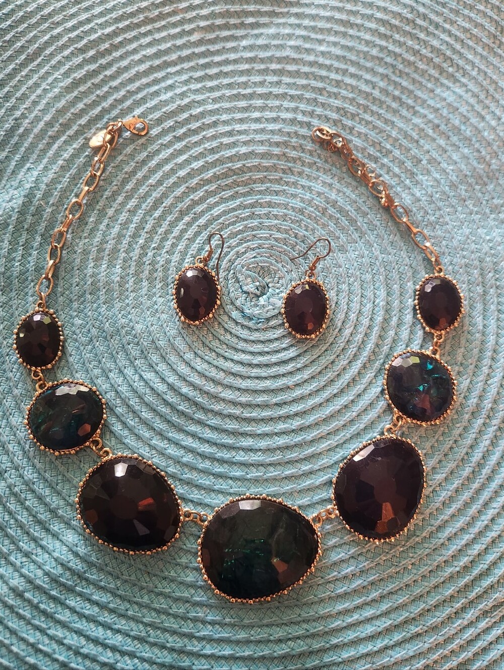 Gold-Tone Saphire Blue Statement Necklace & Earring Set
